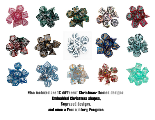 Christmystery mystery Christmas themed dungeons and dragons (aka dnd or d&d) game dice set, including a d20, d12, d10, d8, d6, and d4