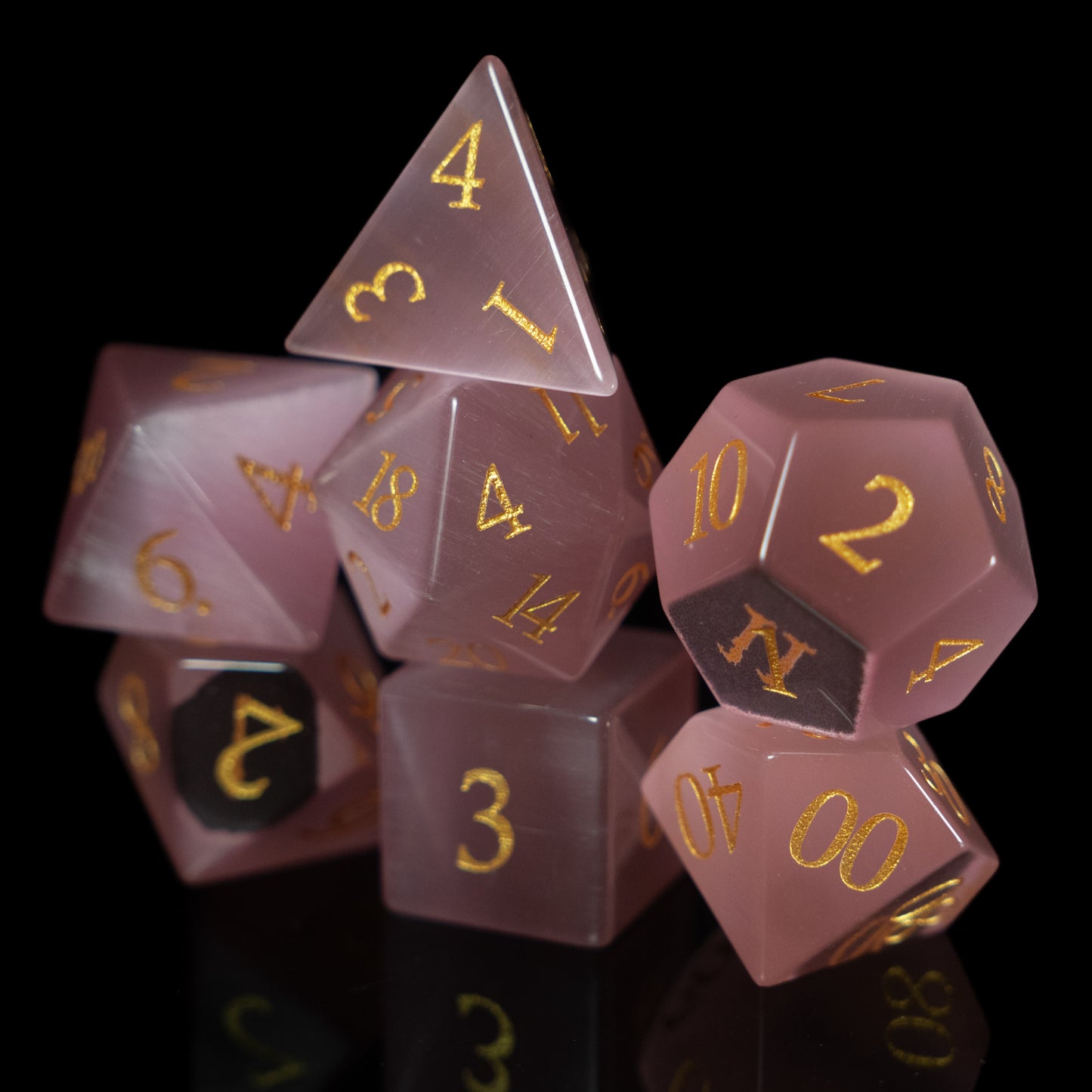 Pink Cat's Eye - 7 Dice DnD Gemstone Set with Case