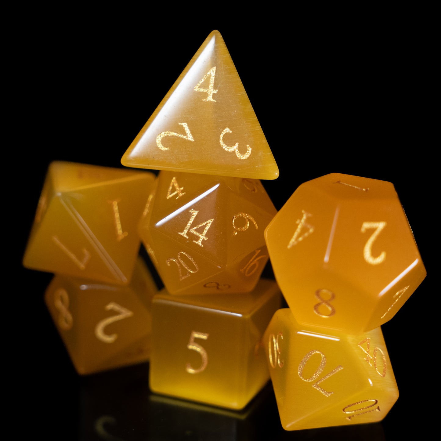 Yellow Cat's Eye - 7 Dice DnD Gemstone Set with Case