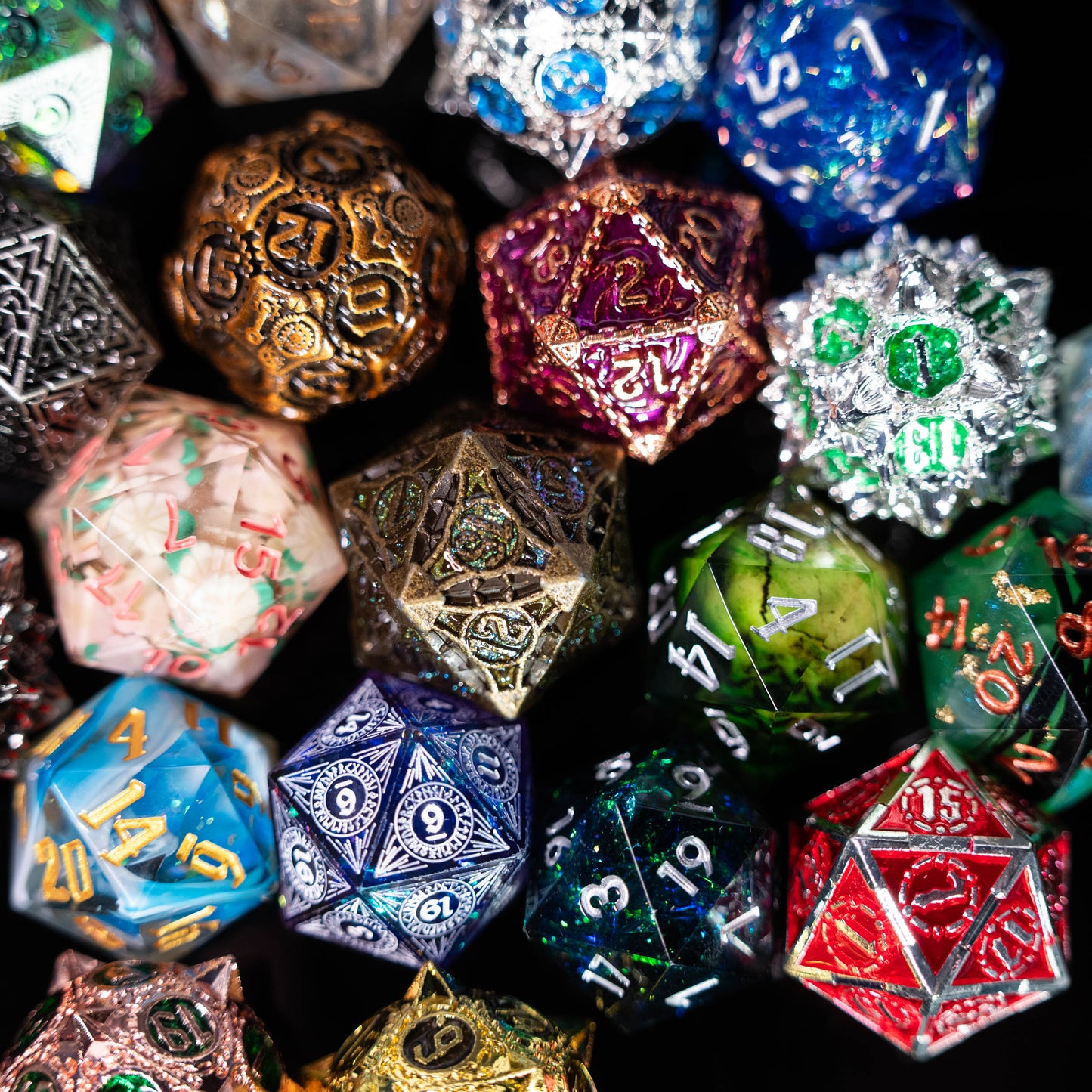 mystery metal and sharp edge resin d20 twenty sided dungeons and dragons (aka dnd or d&d) game dice grab bag