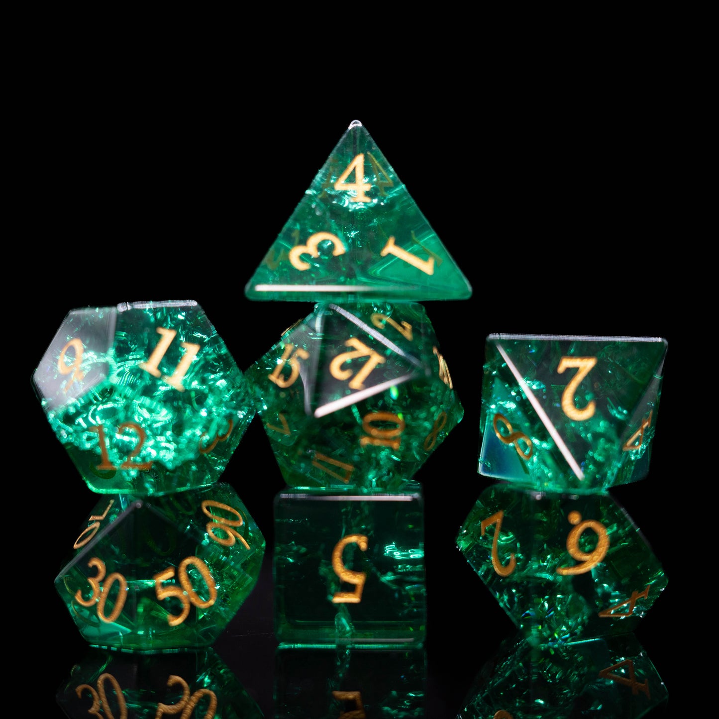 mystery matching glass and gemstone dungeons and dragons (aka dnd or d&d) game dice set, including a d20, d12, d10, d8, d6, and d4