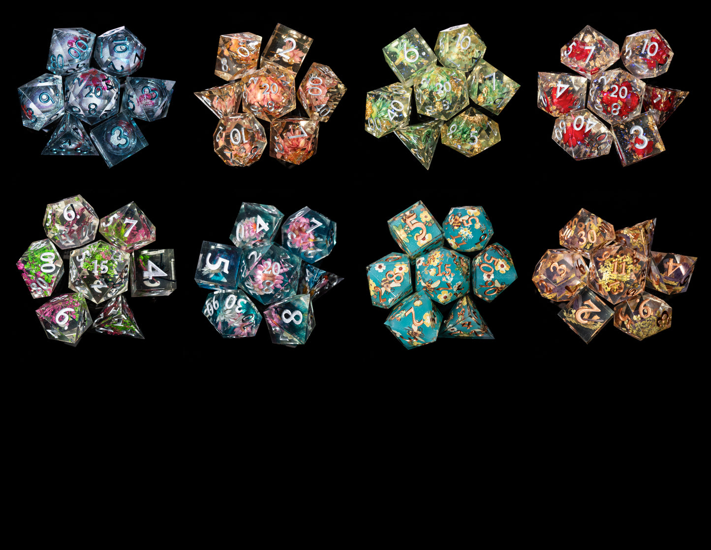 mystery sharp edge resin flowers and butterflies dungeons and dragons (aka dnd or d&d) game dice set, including a d20, d12, d10, d8, d6, and d4