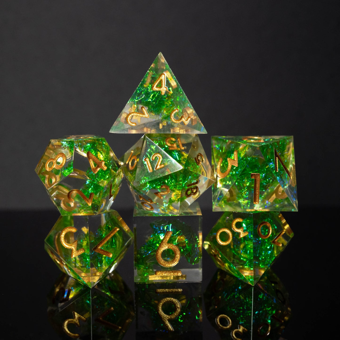mystery sharp edge resin dungeons and dragons (aka dnd or d&d) game dice set, including a d20, d12, d10, d8, d6, and d4