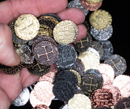 Metal Pirate Treasure Coins Set, 3cm Spanish Doubloon Replicas, Gold Silver Copper Finish, for Gaming and Cosplay