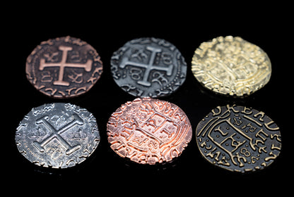 Metal Pirate Treasure Coins Set, 3cm Spanish Doubloon Replicas, Gold Silver Copper Finish, for Gaming and Cosplay