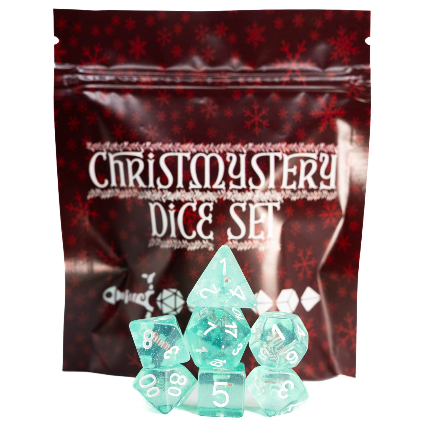 Christmystery mystery Christmas themed dungeons and dragons (aka dnd or d&d) game dice set, including a d20, d12, d10, d8, d6, and d4