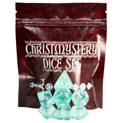 Christmystery mystery Christmas themed dungeons and dragons (aka dnd or d&d) game dice set, including a d20, d12, d10, d8, d6, and d4