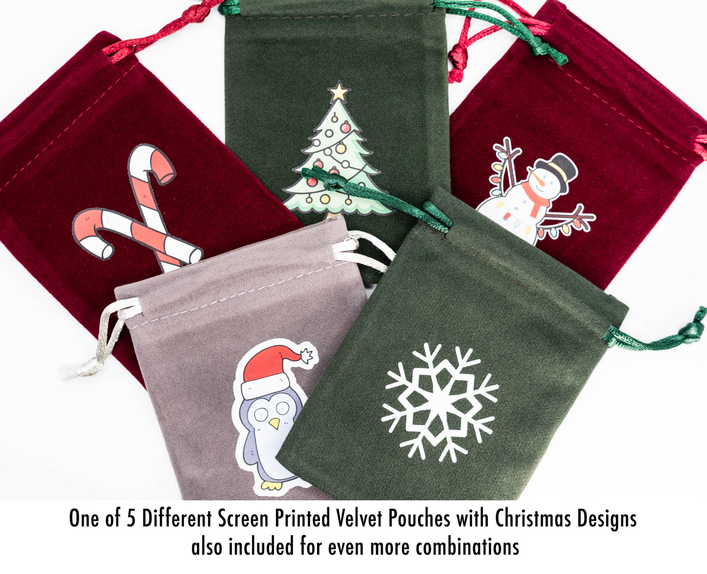 Christmystery mystery Christmas themed dungeons and dragons (aka dnd or d&d) game dice set, including a d20, d12, d10, d8, d6, and d4 including velvet bag