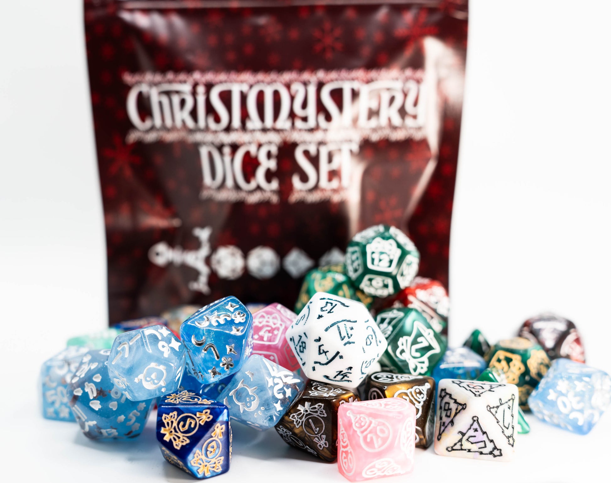 Christmystery mystery Christmas themed dungeons and dragons (aka dnd or d&d) game dice set, including a d20, d12, d10, d8, d6, and d4