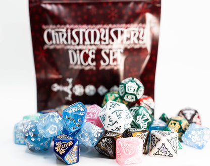 Christmystery mystery Christmas themed dungeons and dragons (aka dnd or d&d) game dice set, including a d20, d12, d10, d8, d6, and d4