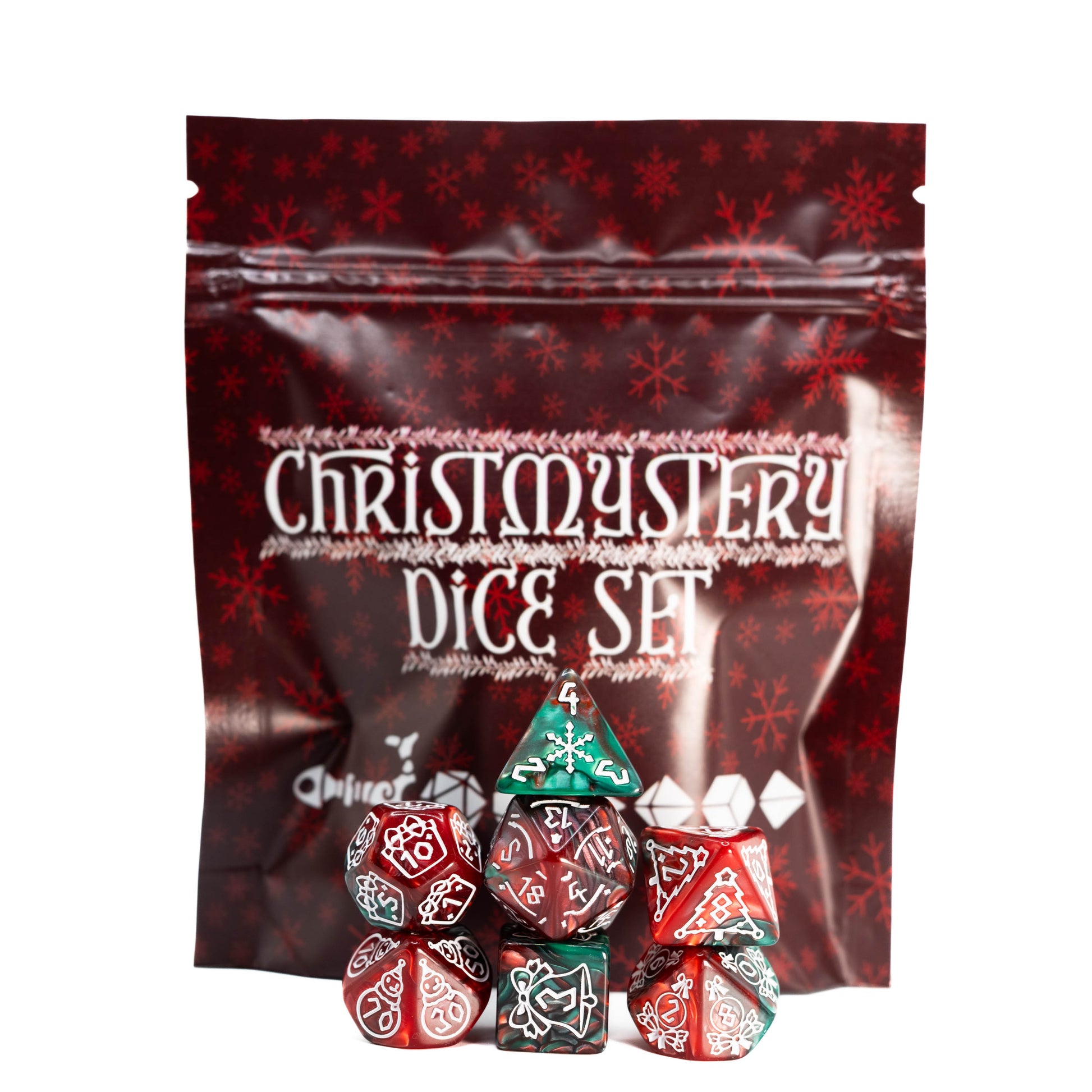 Christmystery mystery Christmas themed dungeons and dragons (aka dnd or d&d) game dice set, including a d20, d12, d10, d8, d6, and d4