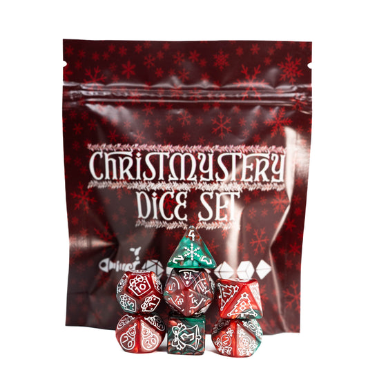 Christmystery mystery Christmas themed dungeons and dragons (aka dnd or d&d) game dice set, including a d20, d12, d10, d8, d6, and d4