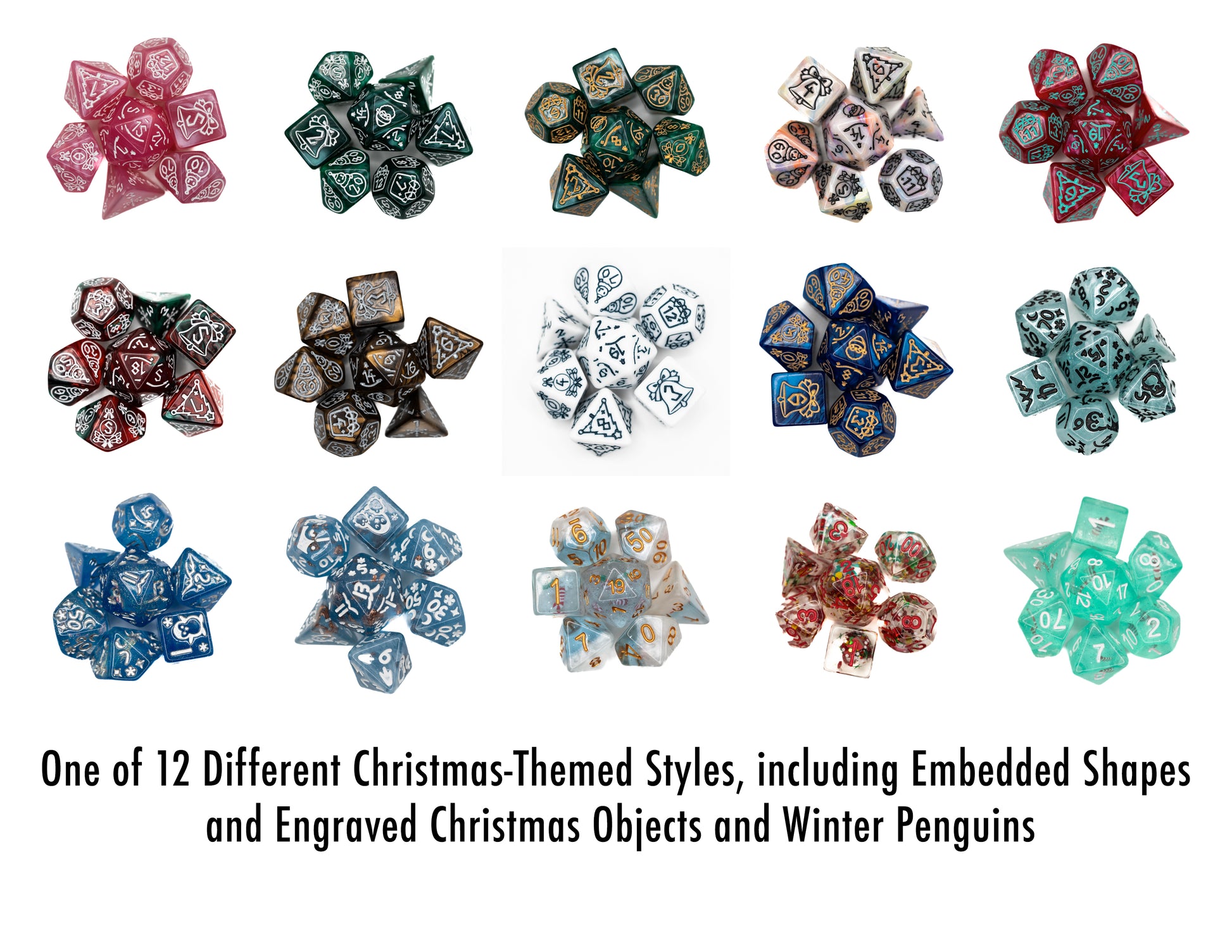 Christmystery mystery Christmas themed dungeons and dragons (aka dnd or d&d) game dice set, including a d20, d12, d10, d8, d6, and d4
