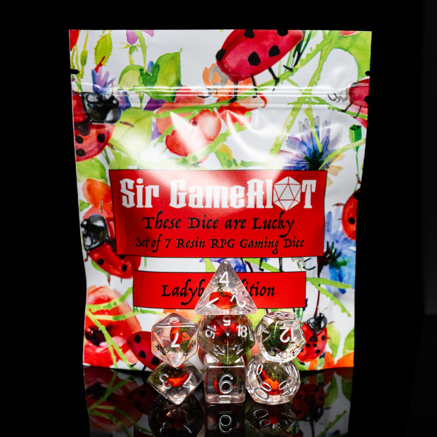 Lucky Ladybug Resin DnD Dice Set | Polyhedral RPG TTRPG Pathfinder | Funny DND Gift Ideas