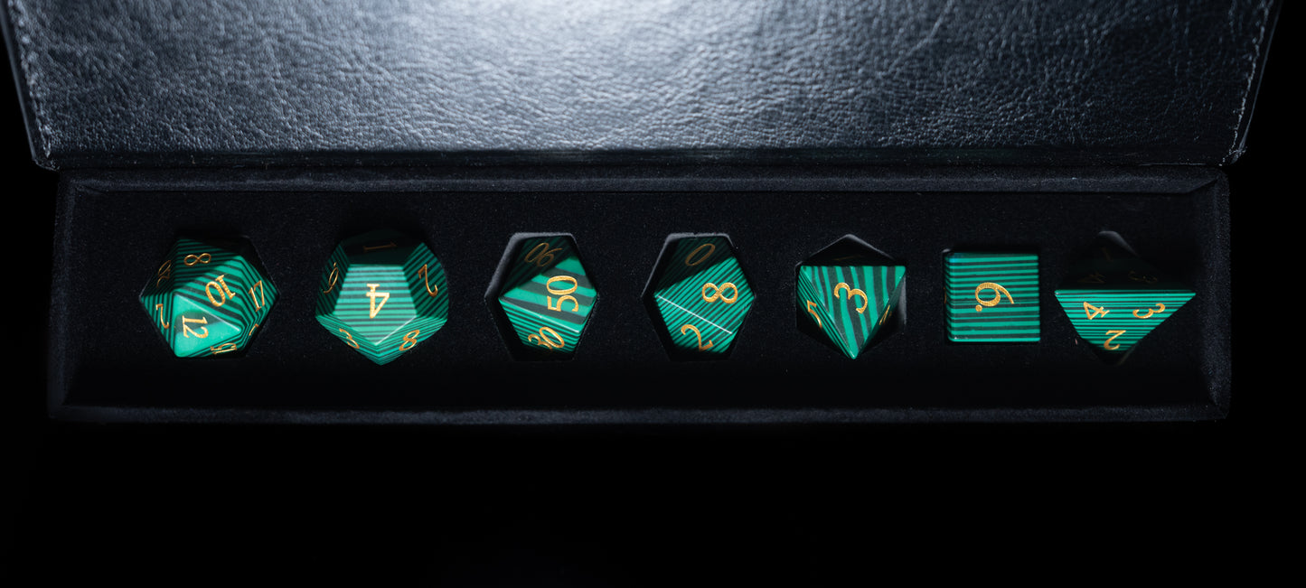 Malachite - 7 Dice DnD Gemstone Set with Case
