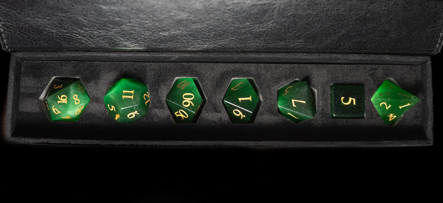 Green Cat's Eye - 7 Dice DnD Gemstone Set with Case