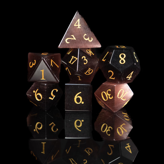 Chocolate Cat's Eye - 7 Dice DnD Gemstone Set with Case