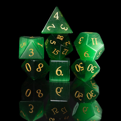 Green Cat's Eye - 7 Dice DnD Gemstone Set with Case