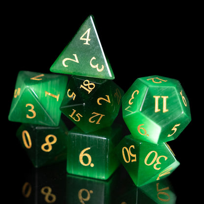 Green Cat's Eye - 7 Dice DnD Gemstone Set with Case