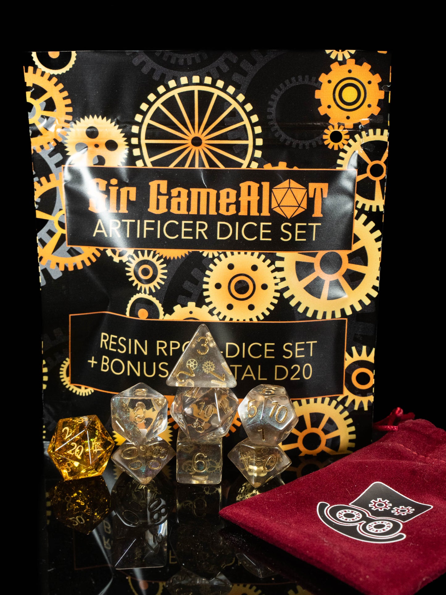 Artificer DND Dice Set – 7 Piece Resin Polyhedral Dice with Embedded Metallic Gears & Artificer Velvet Dice Bag | Steampunk RPG Dice for DnD, Pathfinder & Tabletop Games