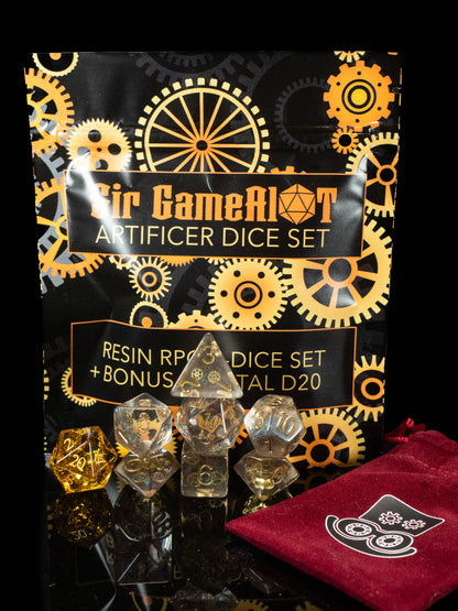 Artificer DND Dice Set – 7 Piece Resin Polyhedral Dice with Embedded Metallic Gears & Artificer Velvet Dice Bag | Steampunk RPG Dice for DnD, Pathfinder & Tabletop Games