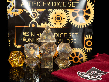Artificer DND Dice Set – 7 Piece Resin Polyhedral Dice with Embedded Metallic Gears & Artificer Velvet Dice Bag | Steampunk RPG Dice for DnD, Pathfinder & Tabletop Games