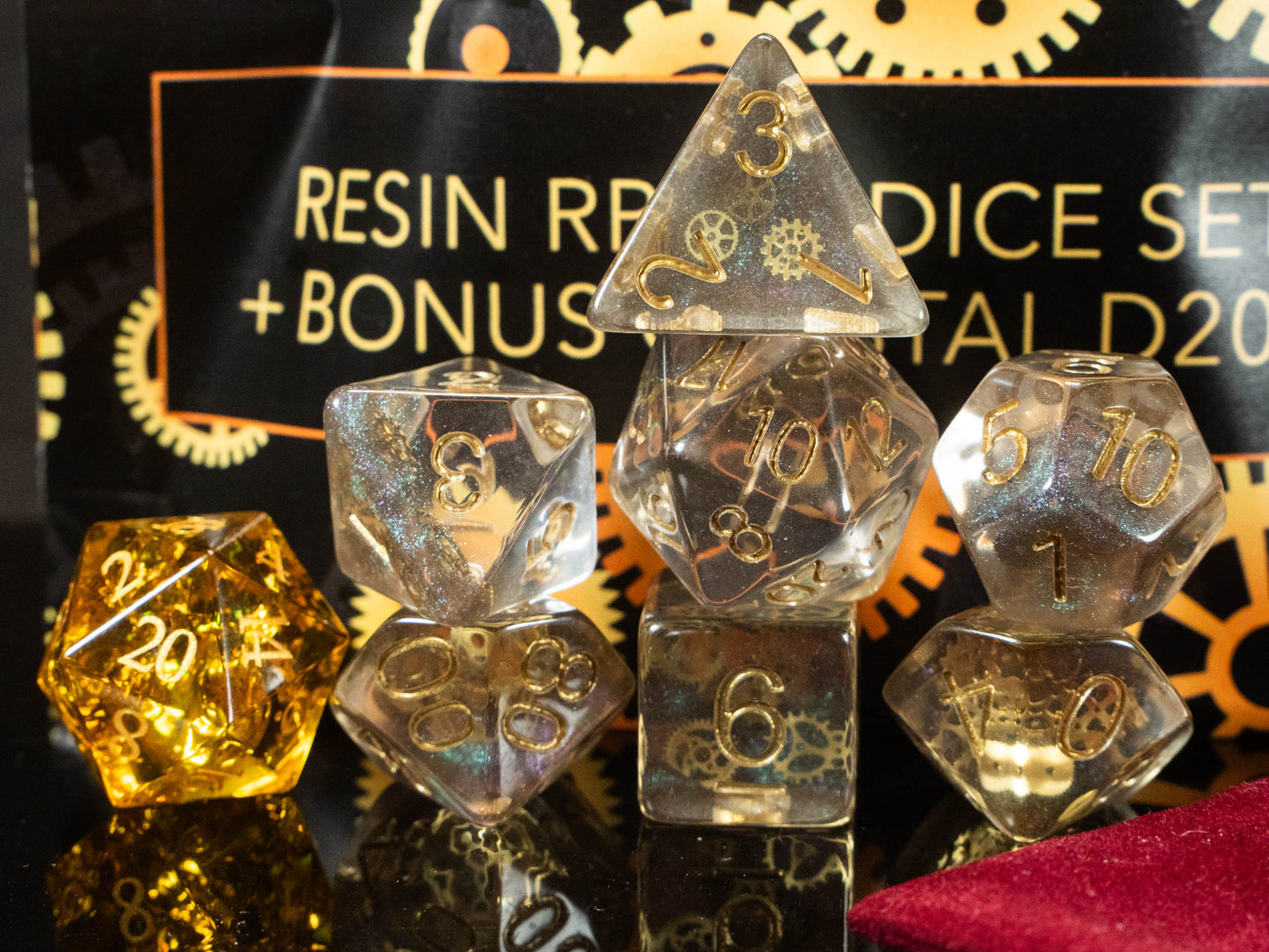 Artificer DND Dice Set – 7 Piece Resin Polyhedral Dice with Embedded Metallic Gears & Artificer Velvet Dice Bag | Steampunk RPG Dice for DnD, Pathfinder & Tabletop Games