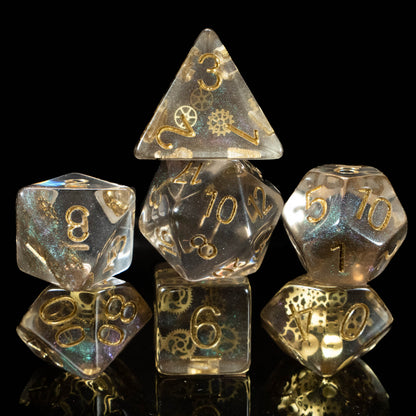 Artificer DND Dice Set – 7 Piece Resin Polyhedral Dice with Embedded Metallic Gears & Artificer Velvet Dice Bag | Steampunk RPG Dice for DnD, Pathfinder & Tabletop Games