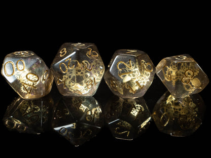 Artificer DND Dice Set – 7 Piece Resin Polyhedral Dice with Embedded Metallic Gears & Artificer Velvet Dice Bag | Steampunk RPG Dice for DnD, Pathfinder & Tabletop Games