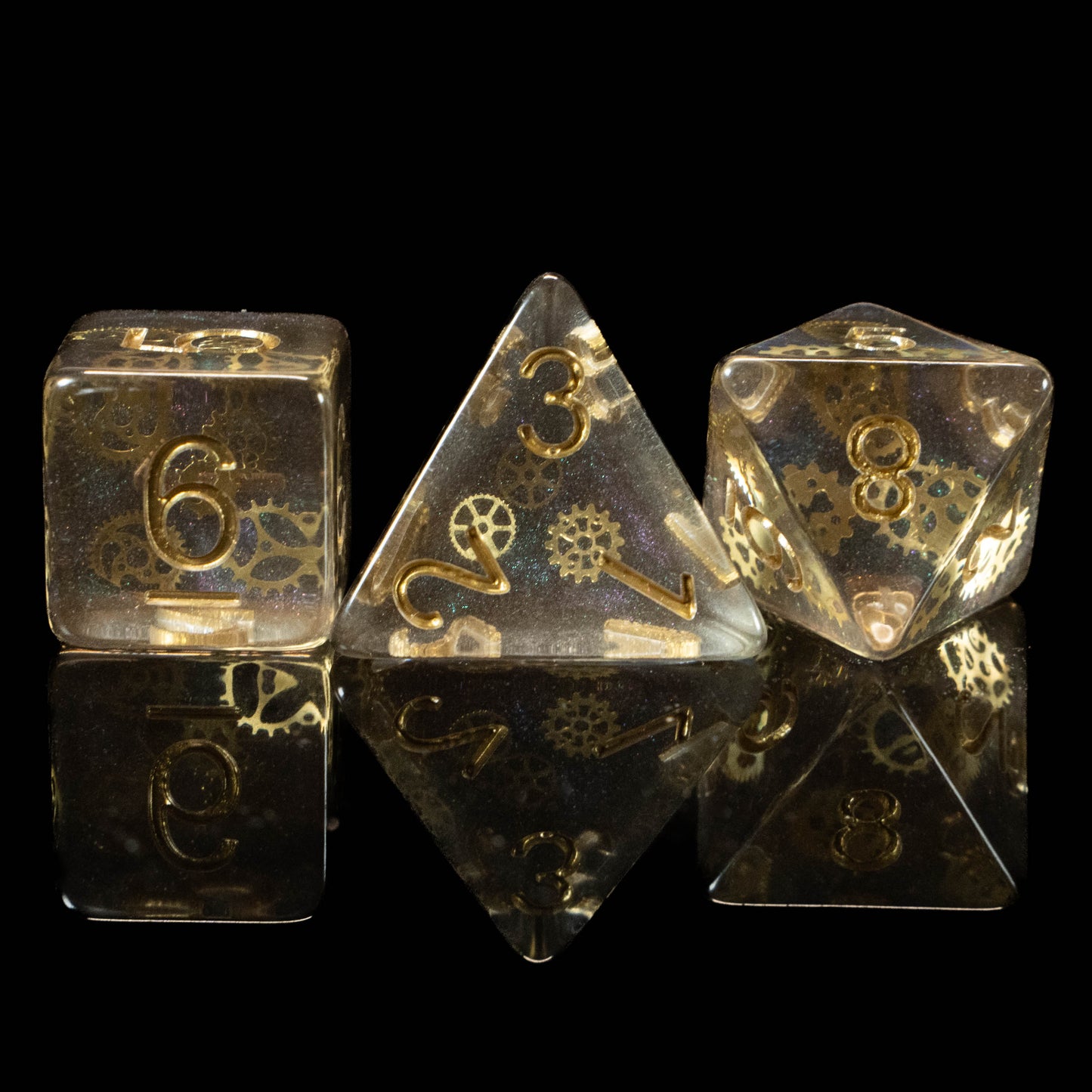 Artificer DND Dice Set – 7 Piece Resin Polyhedral Dice with Embedded Metallic Gears & Artificer Velvet Dice Bag | Steampunk RPG Dice for DnD, Pathfinder & Tabletop Games