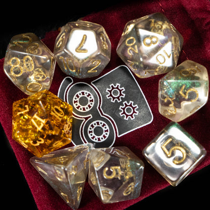 Artificer DND Dice Set – 7 Piece Resin Polyhedral Dice with Embedded Metallic Gears & Artificer Velvet Dice Bag | Steampunk RPG Dice for DnD, Pathfinder & Tabletop Games