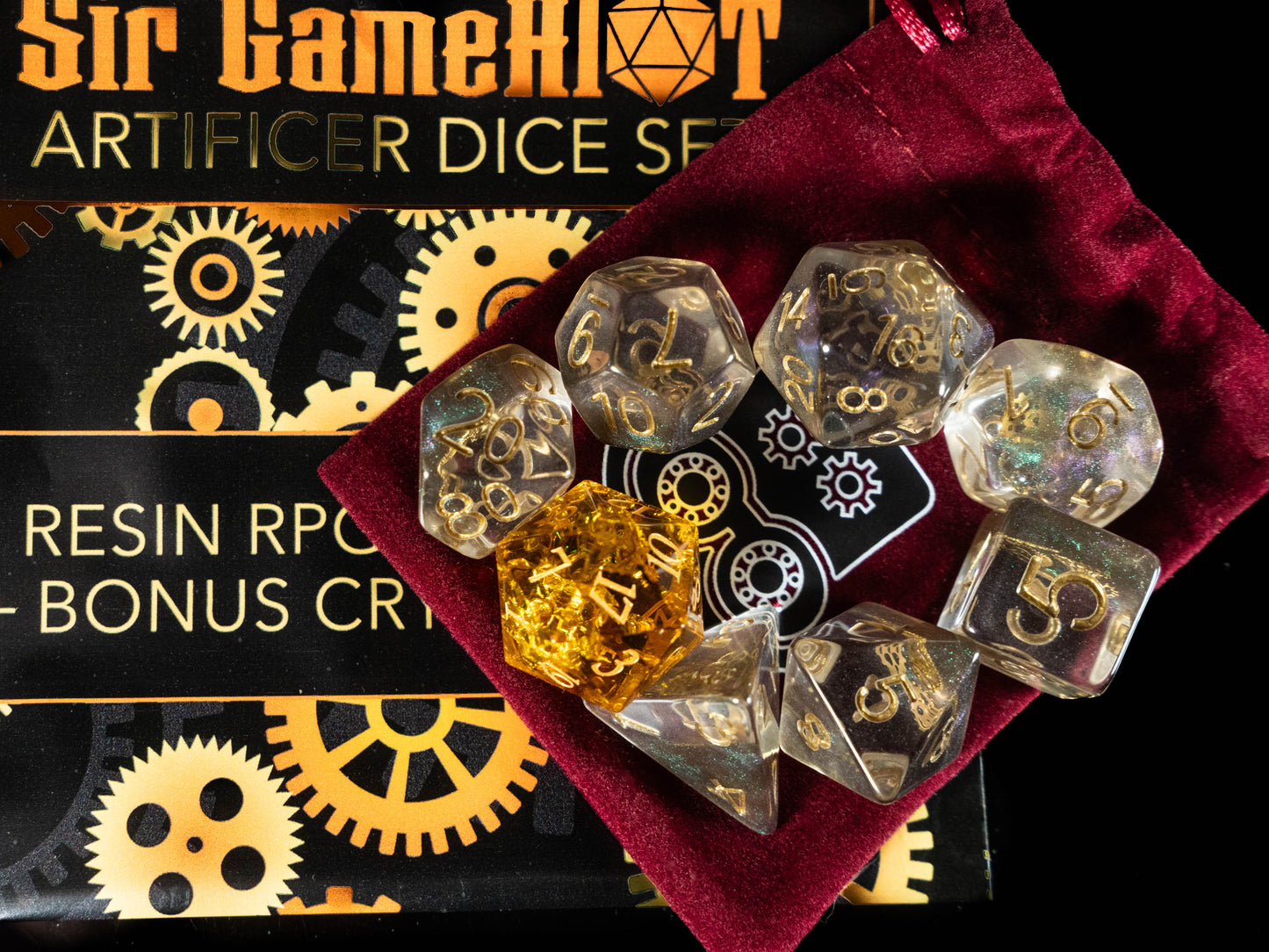 Artificer DND Dice Set – 7 Piece Resin Polyhedral Dice with Embedded Metallic Gears & Artificer Velvet Dice Bag | Steampunk RPG Dice for DnD, Pathfinder & Tabletop Games