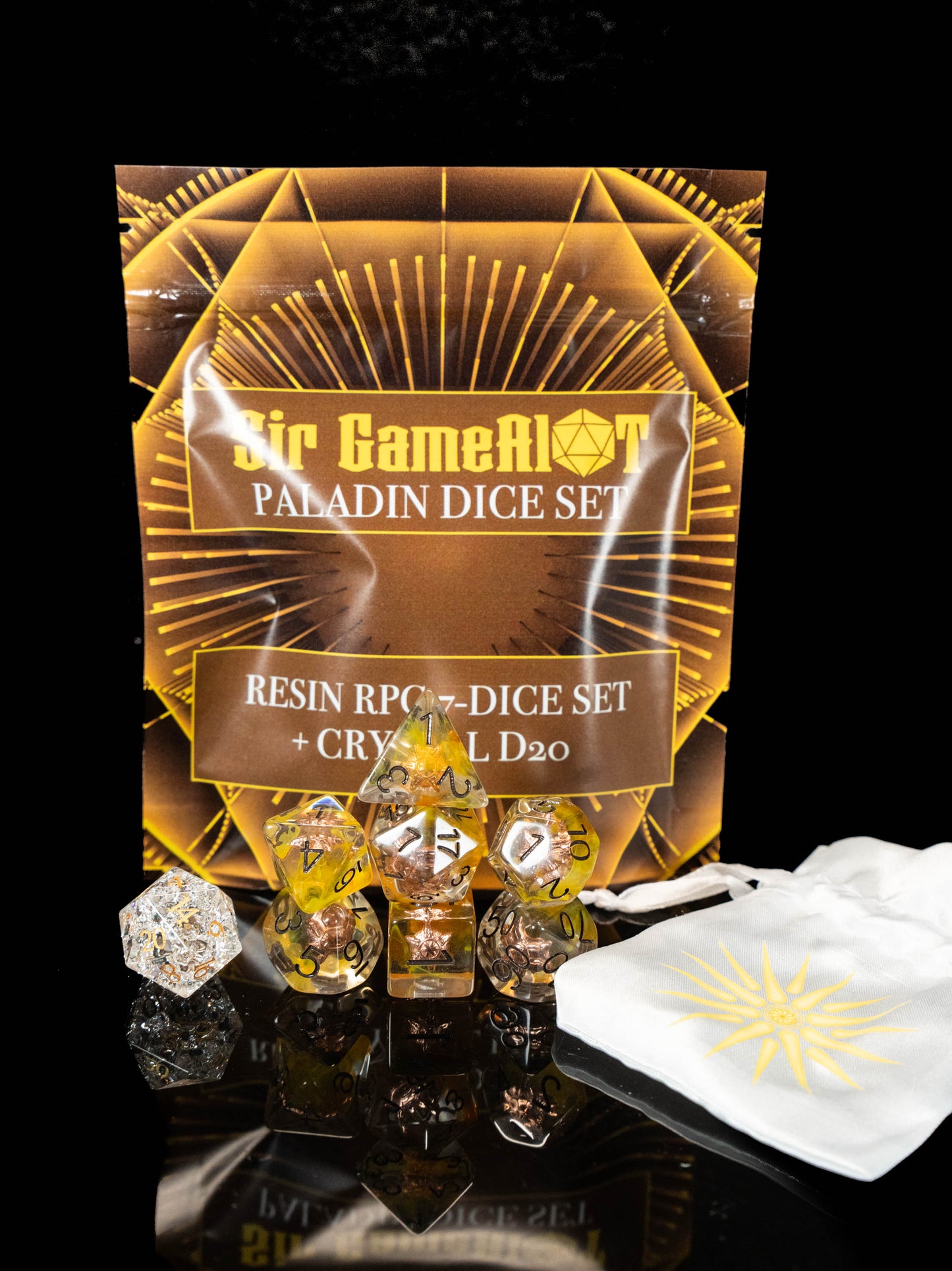 Paladin & Cleric DND Dice Set – 8 Piece Resin Polyhedral RPG Dice with Divine Sun Symbols, Bonus White Cracked Crystal D20 & Paladin Silk Dice Bag | Fantasy TTRPG Dice for Pathfinder, Healers & Holy Warriors