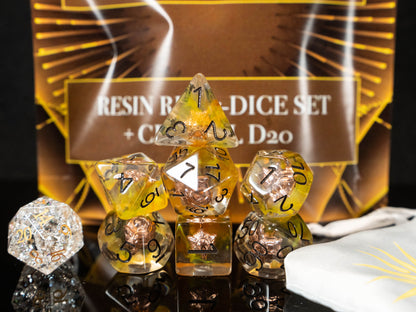 Paladin & Cleric DND Dice Set – 8 Piece Resin Polyhedral RPG Dice with Divine Sun Symbols, Bonus White Cracked Crystal D20 & Paladin Silk Dice Bag | Fantasy TTRPG Dice for Pathfinder, Healers & Holy Warriors