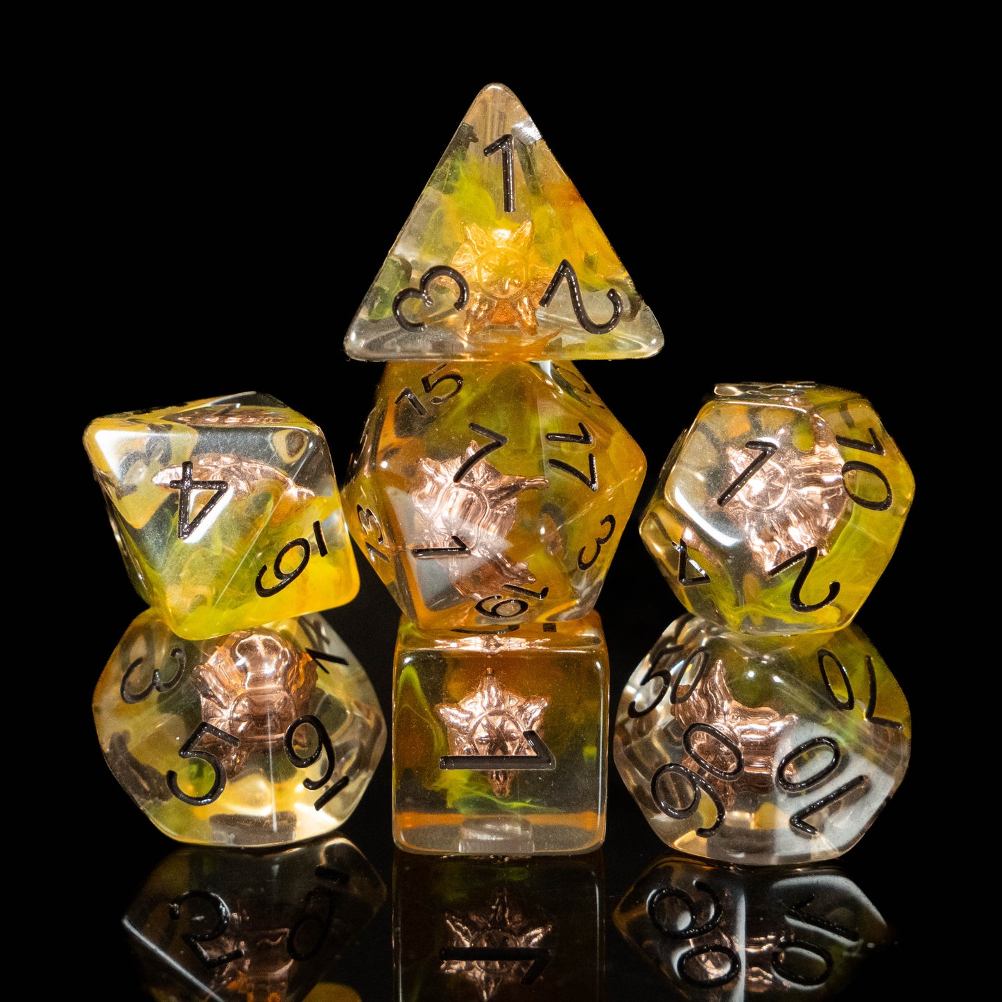 Paladin & Cleric DND Dice Set – 8 Piece Resin Polyhedral RPG Dice with Divine Sun Symbols, Bonus White Cracked Crystal D20 & Paladin Silk Dice Bag | Fantasy TTRPG Dice for Pathfinder, Healers & Holy Warriors