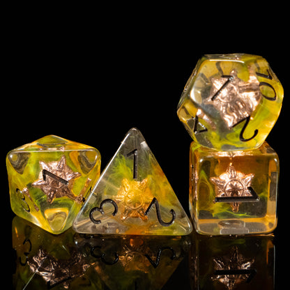 Paladin & Cleric DND Dice Set – 8 Piece Resin Polyhedral RPG Dice with Divine Sun Symbols, Bonus White Cracked Crystal D20 & Paladin Silk Dice Bag | Fantasy TTRPG Dice for Pathfinder, Healers & Holy Warriors