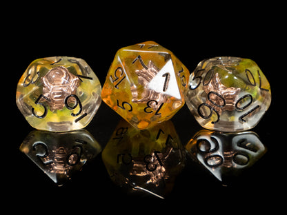 Paladin & Cleric DND Dice Set – 8 Piece Resin Polyhedral RPG Dice with Divine Sun Symbols, Bonus White Cracked Crystal D20 & Paladin Silk Dice Bag | Fantasy TTRPG Dice for Pathfinder, Healers & Holy Warriors