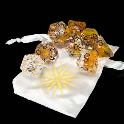 Paladin & Cleric DND Dice Set – 8 Piece Resin Polyhedral RPG Dice with Divine Sun Symbols, Bonus White Cracked Crystal D20 & Paladin Silk Dice Bag | Fantasy TTRPG Dice for Pathfinder, Healers & Holy Warriors