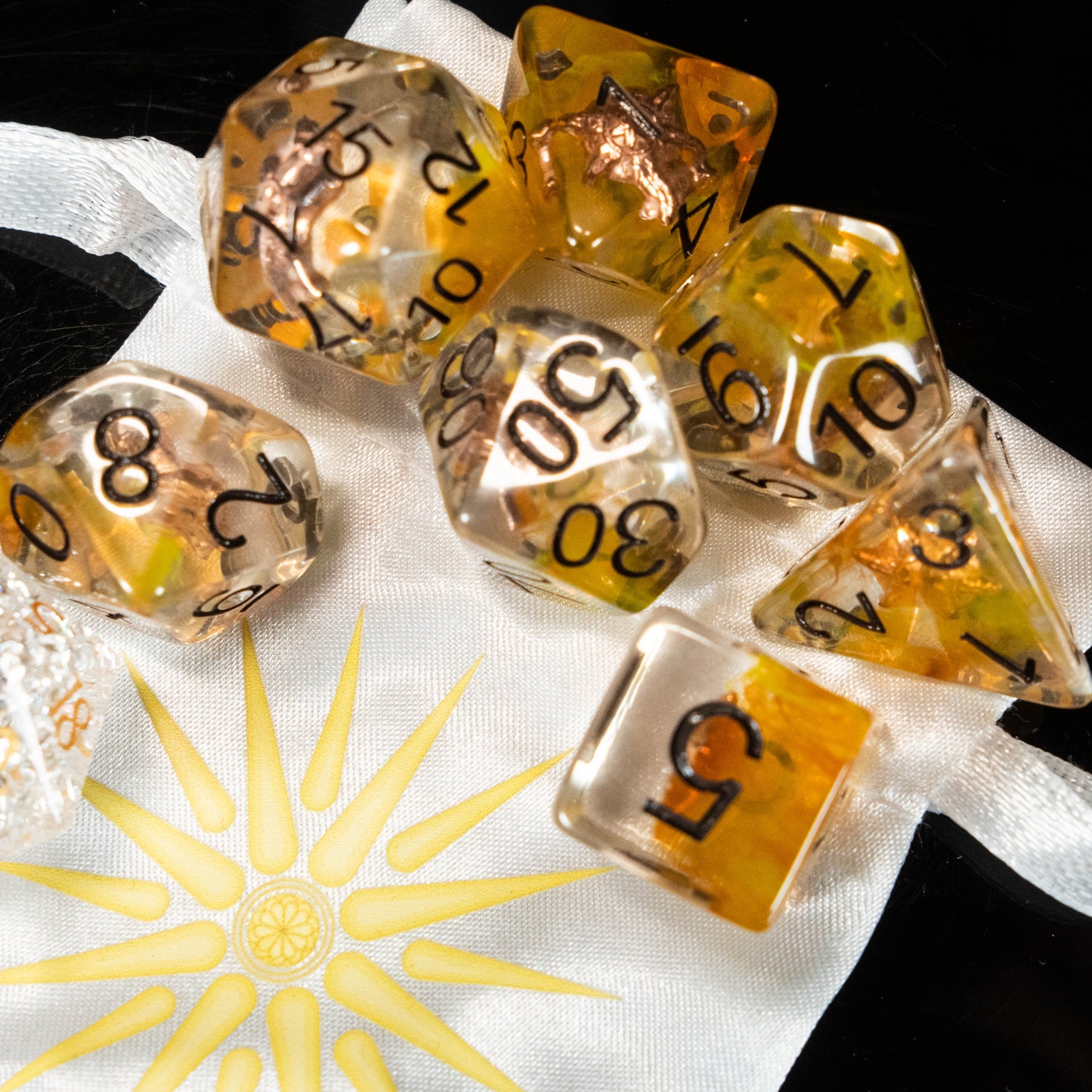 Paladin & Cleric DND Dice Set – 8 Piece Resin Polyhedral RPG Dice with Divine Sun Symbols, Bonus White Cracked Crystal D20 & Paladin Silk Dice Bag | Fantasy TTRPG Dice for Pathfinder, Healers & Holy Warriors