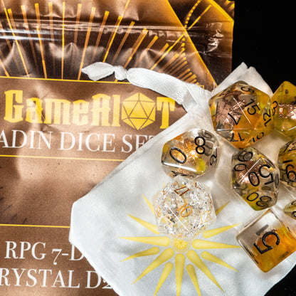 Paladin & Cleric DND Dice Set – 8 Piece Resin Polyhedral RPG Dice with Divine Sun Symbols, Bonus White Cracked Crystal D20 & Paladin Silk Dice Bag | Fantasy TTRPG Dice for Pathfinder, Healers & Holy Warriors