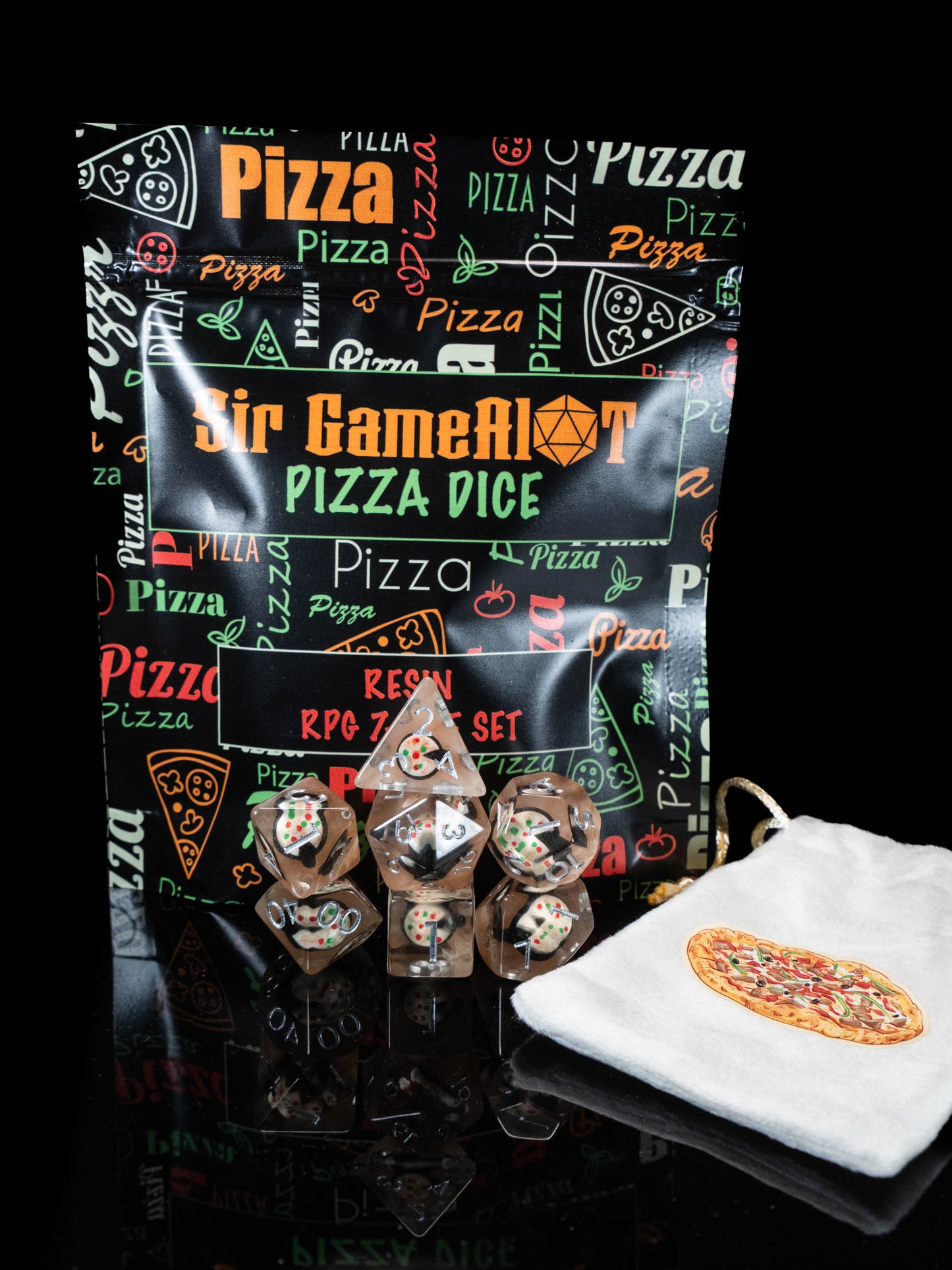 Pizza Lover DND Dice Set – 7 Piece Clear Resin Polyhedral RPG Dice with Embedded Mini Pizza Designs & Pizza Velvet Dice Bag | Funny Food Themed TTRPG Dice for Pathfinder & Fantasy Gamers