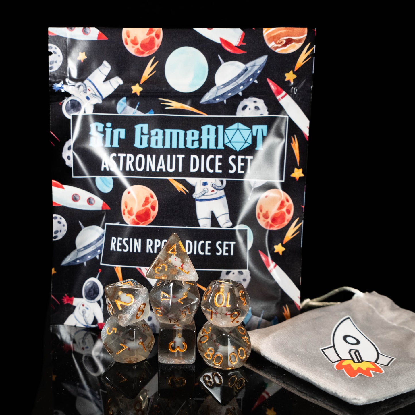 Astronaut DND Dice Set – 7 Piece Galaxy Resin Polyhedral RPG Dice with Miniature Astronauts & Rocket Ship Velvet Dice Bag | Space Themed TTRPG Dice for Pathfinder, Sci-Fi & Fantasy Gamers