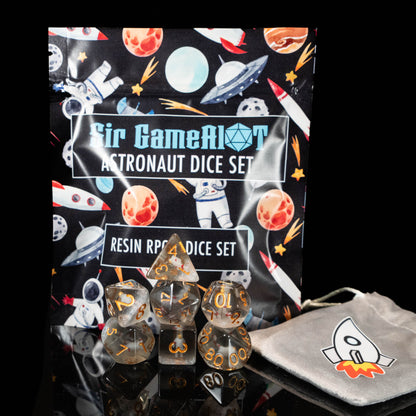 Astronaut DND Dice Set – 7 Piece Galaxy Resin Polyhedral RPG Dice with Miniature Astronauts & Rocket Ship Velvet Dice Bag | Space Themed TTRPG Dice for Pathfinder, Sci-Fi & Fantasy Gamers