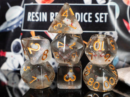 Astronaut DND Dice Set – 7 Piece Galaxy Resin Polyhedral RPG Dice with Miniature Astronauts & Rocket Ship Velvet Dice Bag | Space Themed TTRPG Dice for Pathfinder, Sci-Fi & Fantasy Gamers