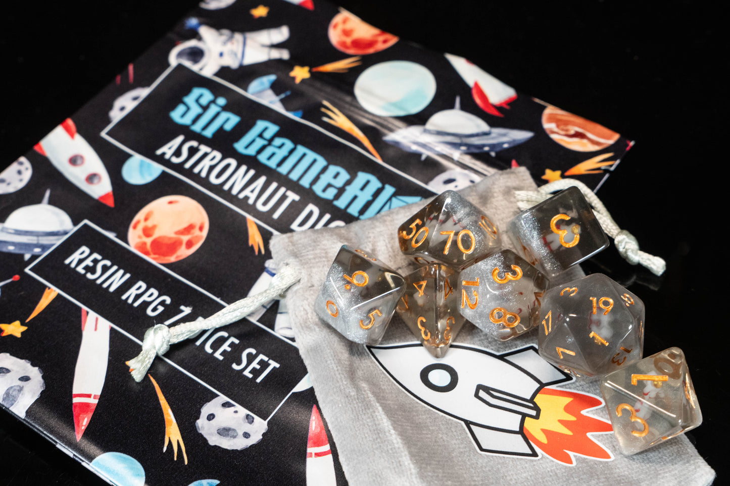 Astronaut DND Dice Set – 7 Piece Galaxy Resin Polyhedral RPG Dice with Miniature Astronauts & Rocket Ship Velvet Dice Bag | Space Themed TTRPG Dice for Pathfinder, Sci-Fi & Fantasy Gamers