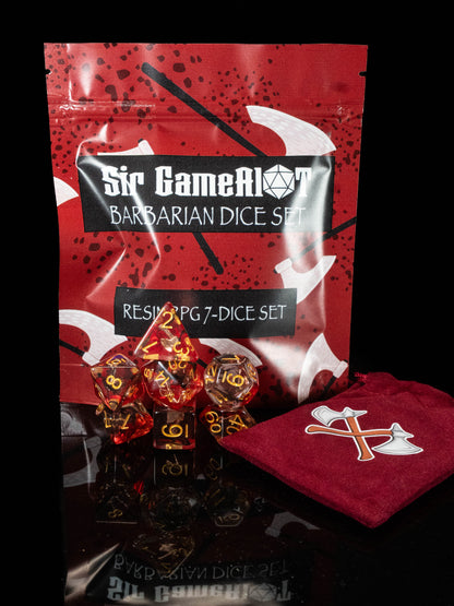 Barbarian DND Dice Set – 7 Piece Red Resin Polyhedral RPG Dice with Embedded Crossed Axe Designs & Barbarian Velvet Dice Bag | Fantasy TTRPG Dice for Pathfinder, Berserkers & Warriors