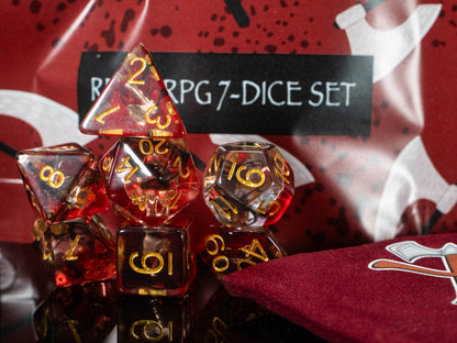 Barbarian DND Dice Set – 7 Piece Red Resin Polyhedral RPG Dice with Embedded Crossed Axe Designs & Barbarian Velvet Dice Bag | Fantasy TTRPG Dice for Pathfinder, Berserkers & Warriors