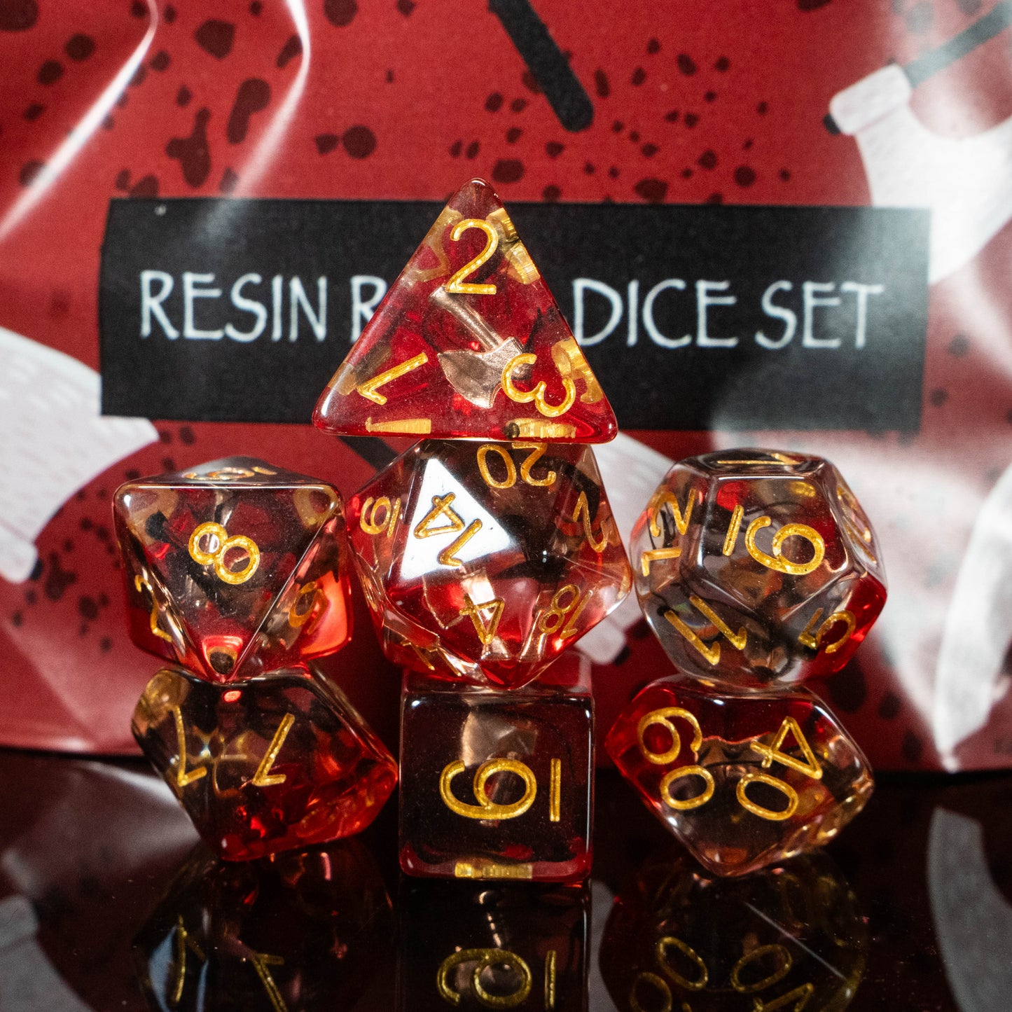 Barbarian DND Dice Set – 7 Piece Red Resin Polyhedral RPG Dice with Embedded Crossed Axe Designs & Barbarian Velvet Dice Bag | Fantasy TTRPG Dice for Pathfinder, Berserkers & Warriors