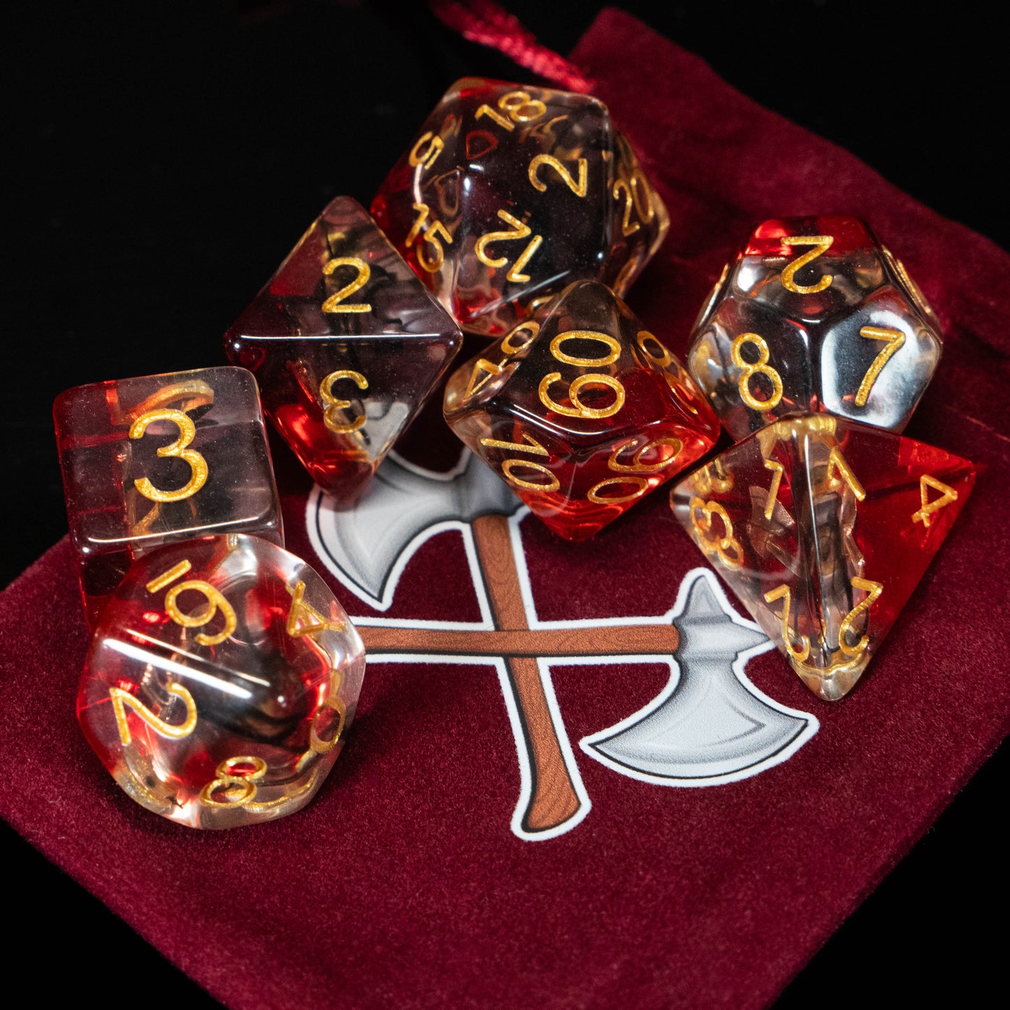 Barbarian DND Dice Set – 7 Piece Red Resin Polyhedral RPG Dice with Embedded Crossed Axe Designs & Barbarian Velvet Dice Bag | Fantasy TTRPG Dice for Pathfinder, Berserkers & Warriors