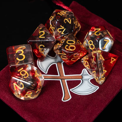 Barbarian DND Dice Set – 7 Piece Red Resin Polyhedral RPG Dice with Embedded Crossed Axe Designs & Barbarian Velvet Dice Bag | Fantasy TTRPG Dice for Pathfinder, Berserkers & Warriors